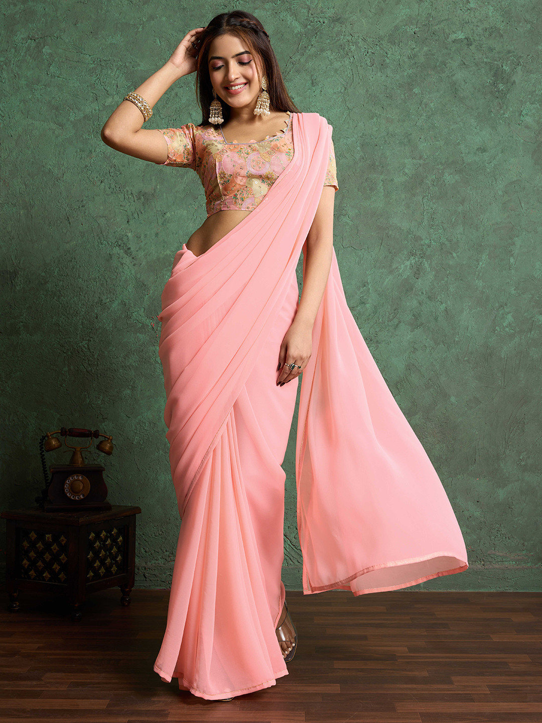 all about you Solid Pink Saree with Sequinned Detail Blouse Piece