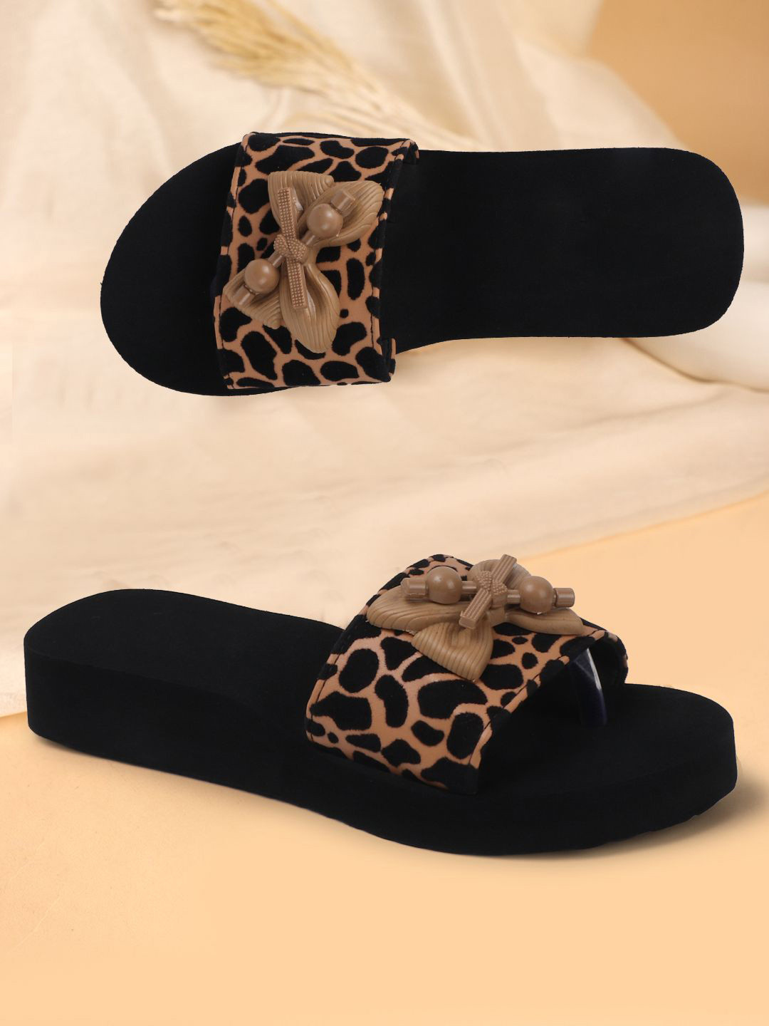 SIRDENILL Women Printed Open Toe Flats With Bows