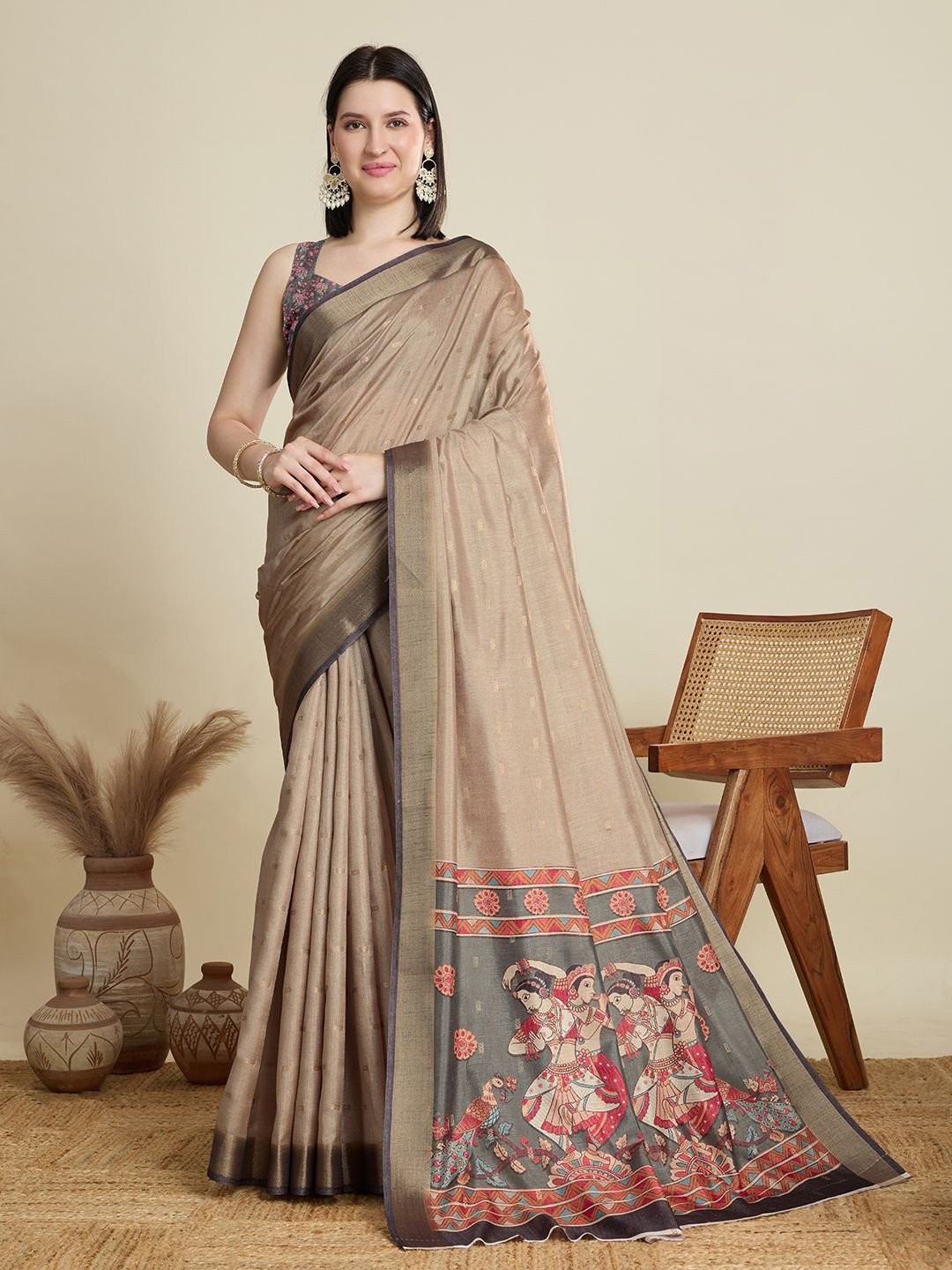 DIVASTRI Woven Design Zari Saree With Zari Weaving Border & Contrast Printed Blouse Piece