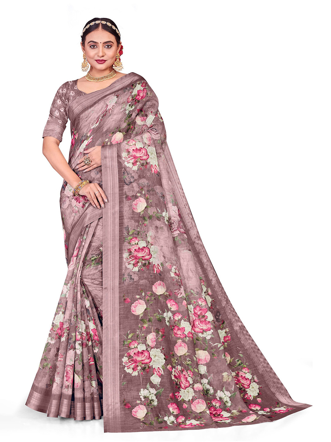 Lichee Women Floral Printed Linen Blend Saree