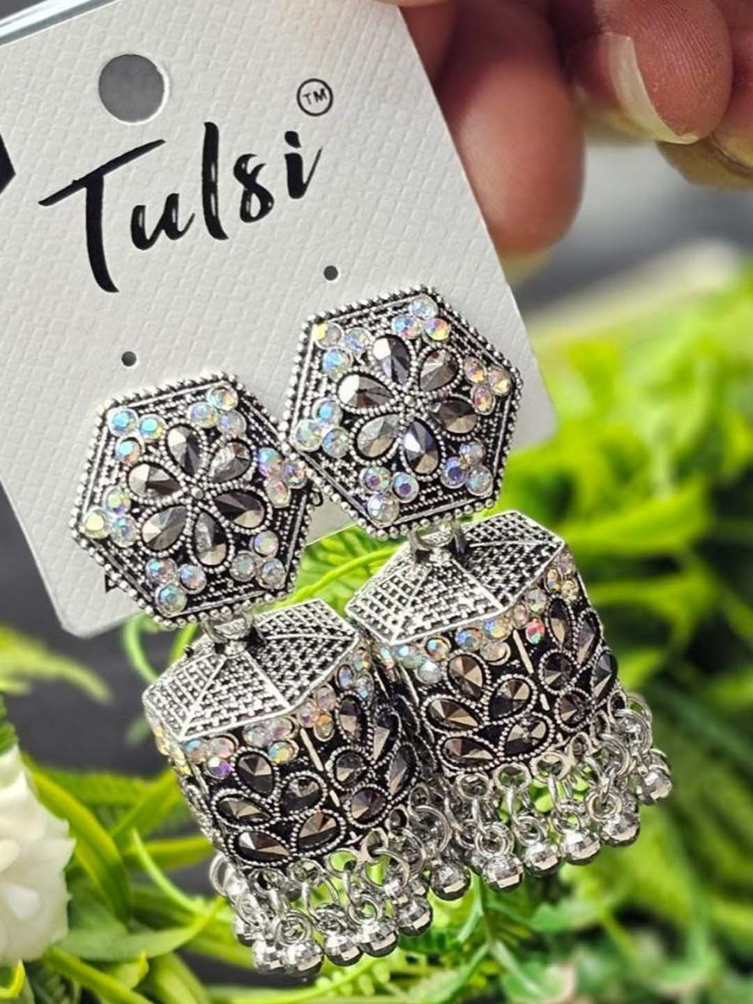 tulsi imitation Silver-Plated Stones Studded Floral Shaped Jhumkas