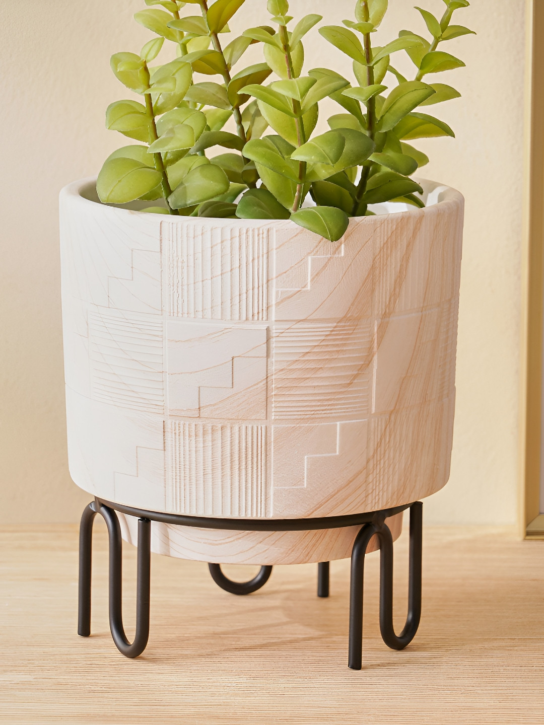 Home Centre Gloria Earthy Off White & Black Textured Metal Floor Planter With Stand