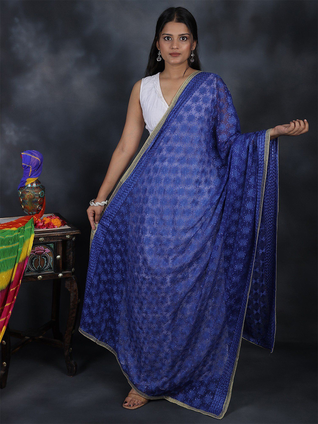 Exotic India Phulkari Extra Wide Chiffon Dupatta From Punjab With Embroidered Bootis