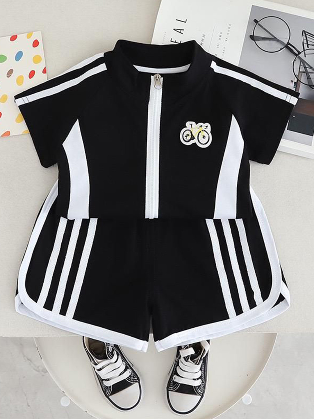 POP STREET KIDS Girls Striped High Neck Top With Shorts