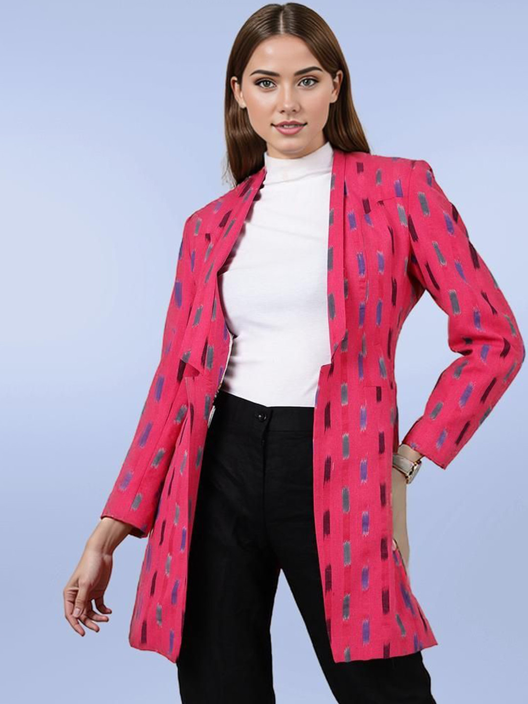 Talethread Ikat Printed Cotton Open-Front Blazer