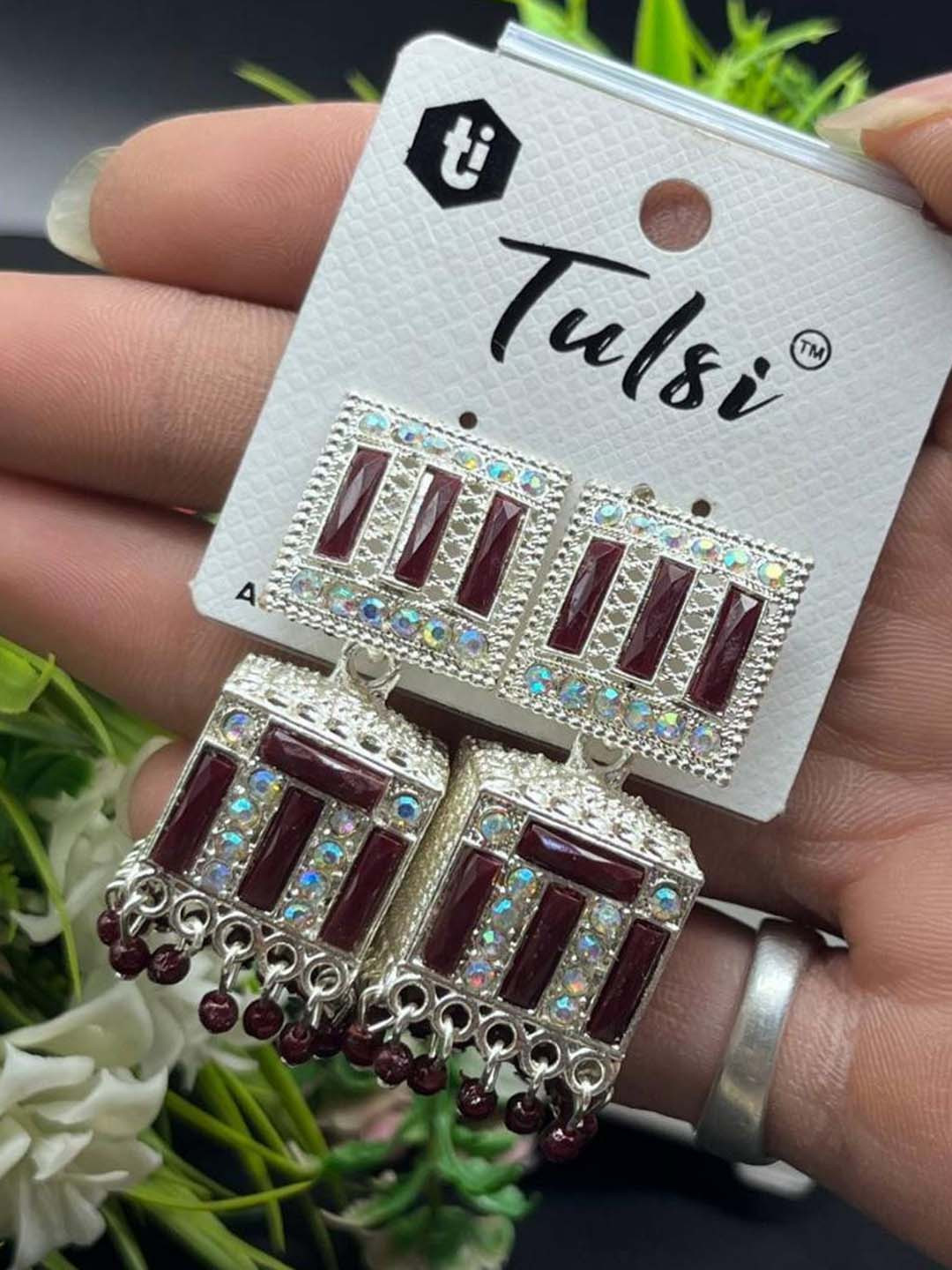 tulsi imitation Artificial Stones Studded and Beaded Dome Shaped Jhumkas