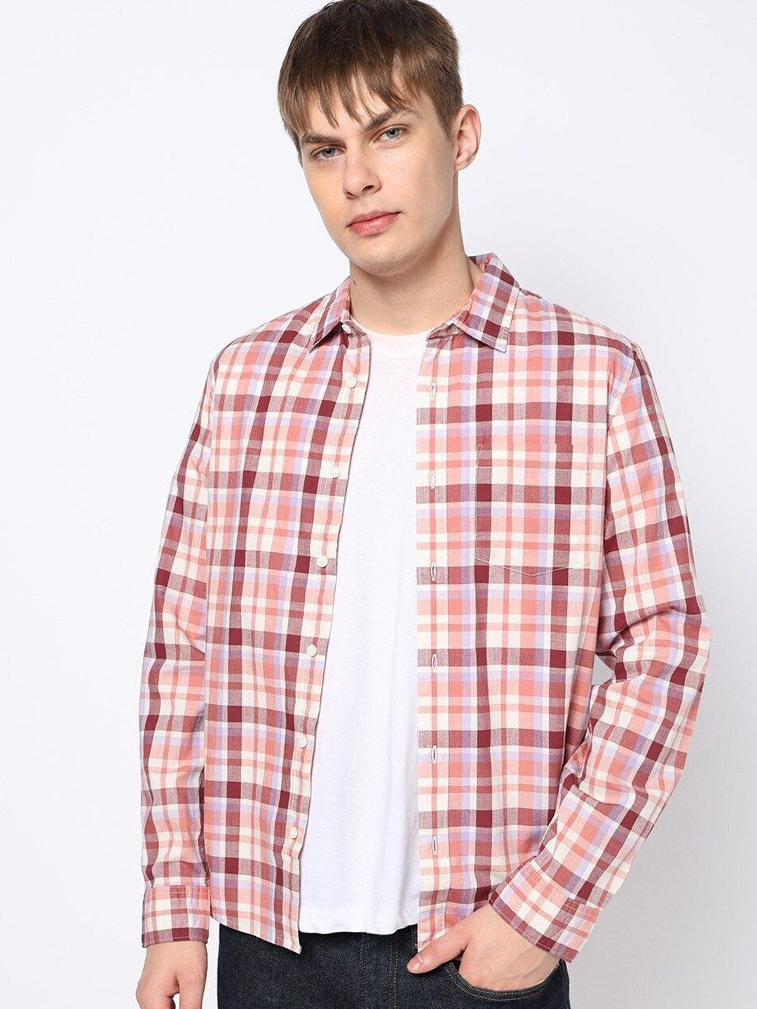 GAP Slim Fit Spread Collar Oxford Cotton Check Shirt