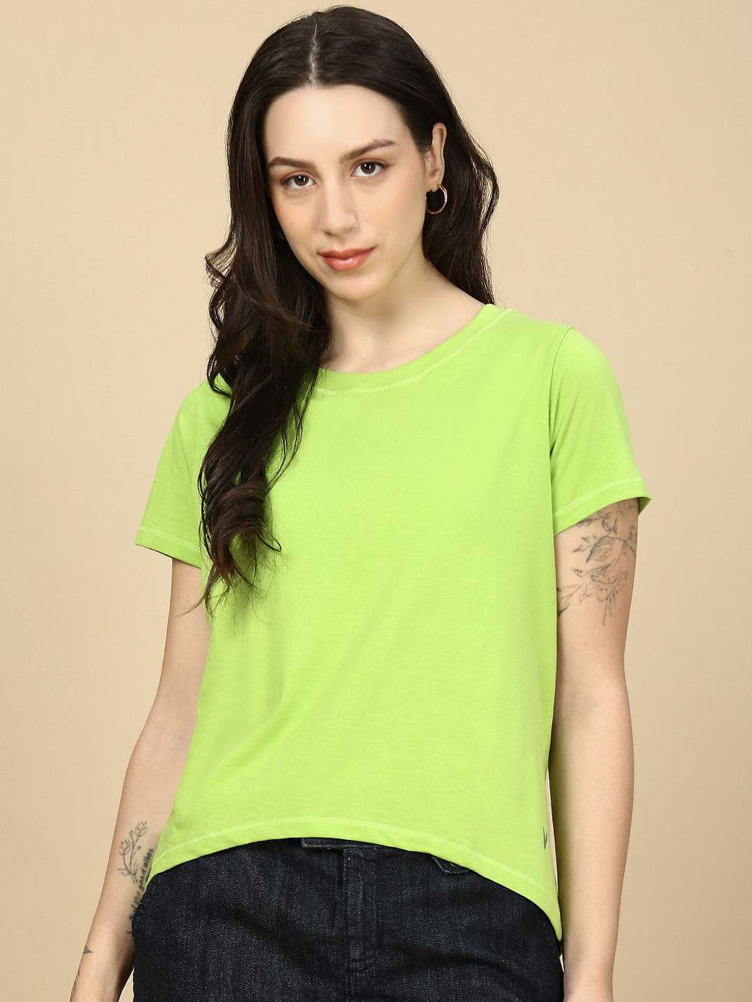 PYNK Women Solid Round Neck Cotton T-shirt