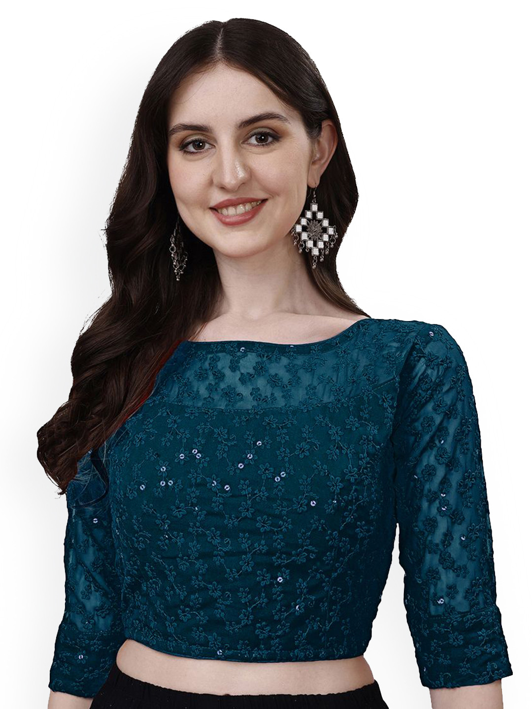 HERE&NOW Embroidered Round Neck Fancy Sifli Work Readymade Saree Blouse