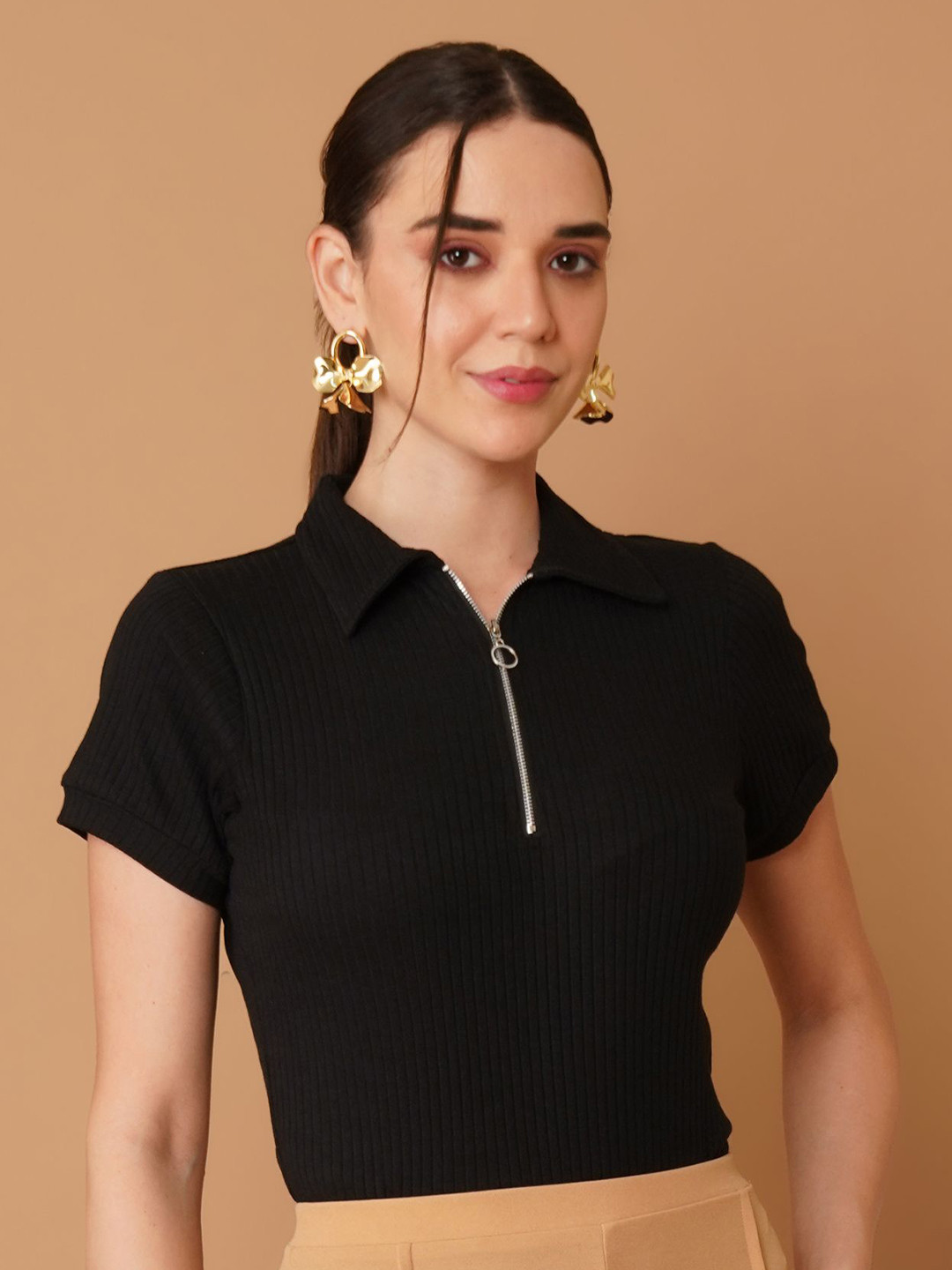 Chemistry Women Cotton Shirt Style Half Zipper Top