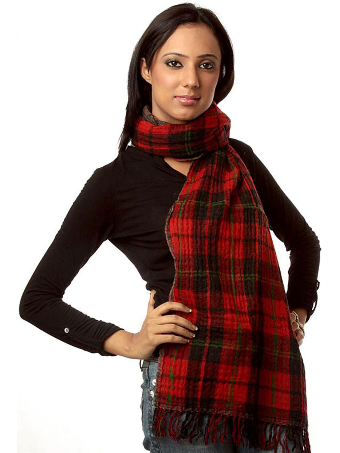 Exotic India Women Red and Black Scarf with Woven Checks
