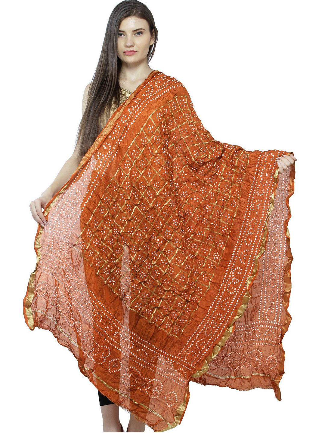 Exotic India Printed Bandhani Tie-Dye Gharchola Dupatta From Jodhpur With Thread Weave