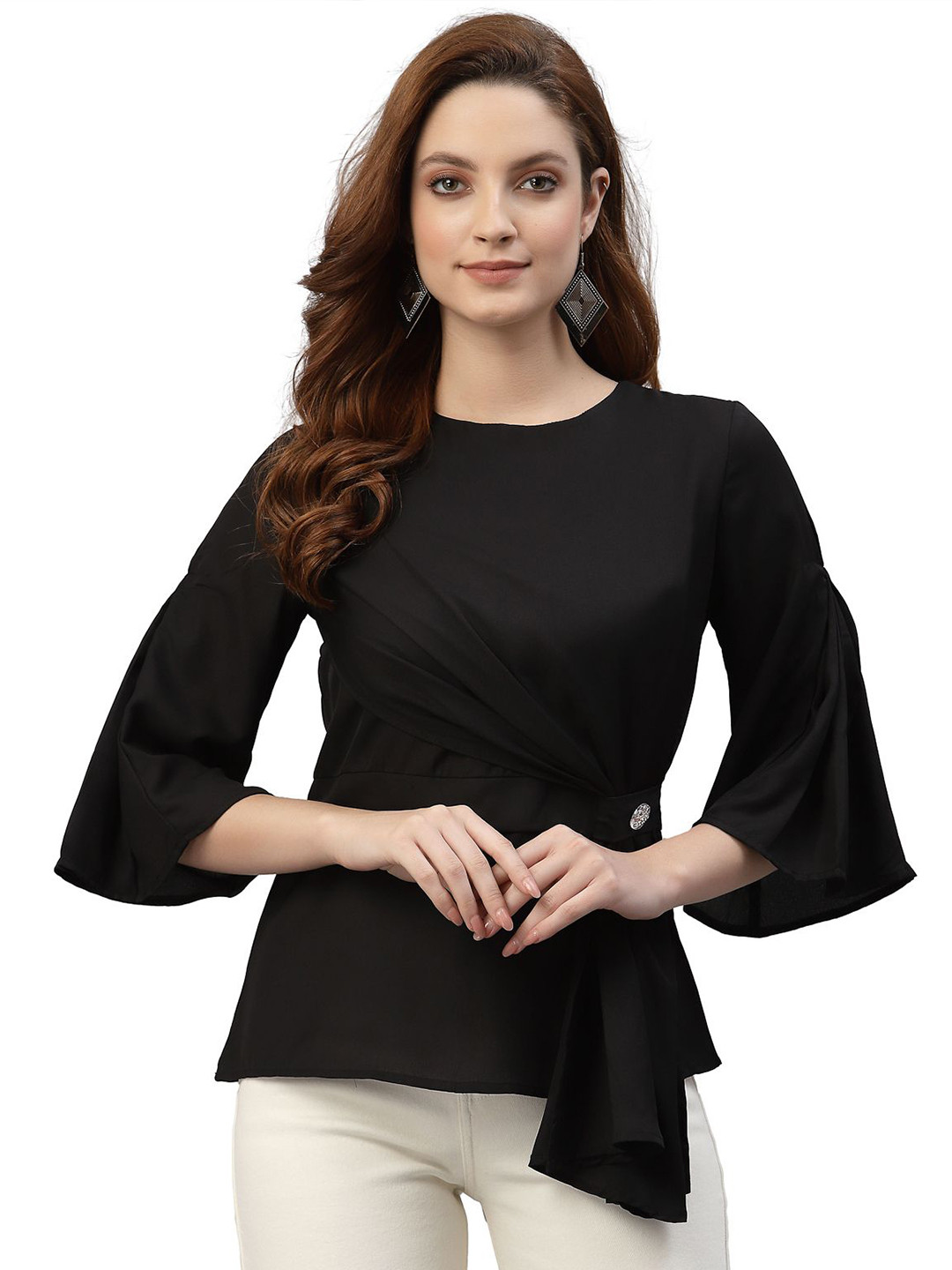 KASSUALLY Women Solid Black Flared Sleeve Round Neck Top