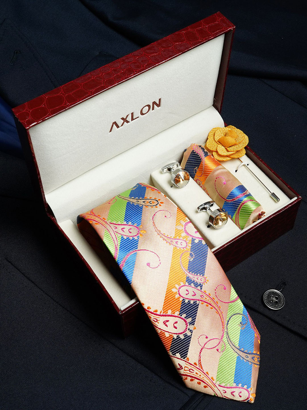AXLON Men Tie Pocket Square Cufflink & Flower Pin Accessory Gift Set