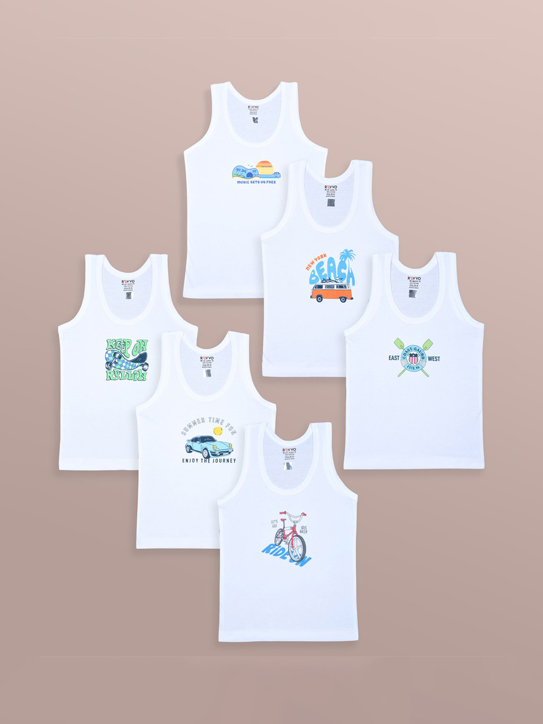 Revvo Junior Boys Pack Of 6  Printed Pure Cotton Basic Vests RJV-101
