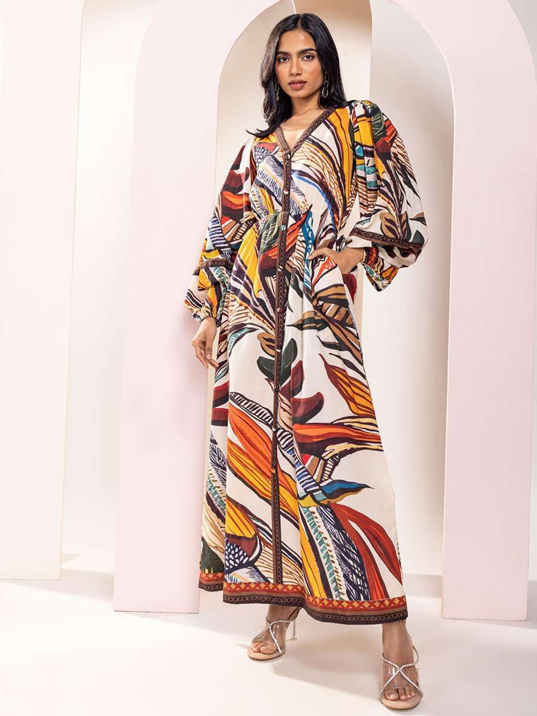 POPPI Tropical Printed Puff Sleeves A-Line Maxi Dress