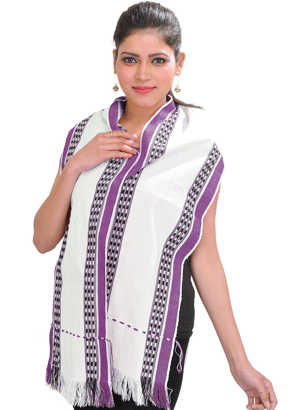 Exotic India Women Leirum Scarf from Manipur with Thread Weave on Border