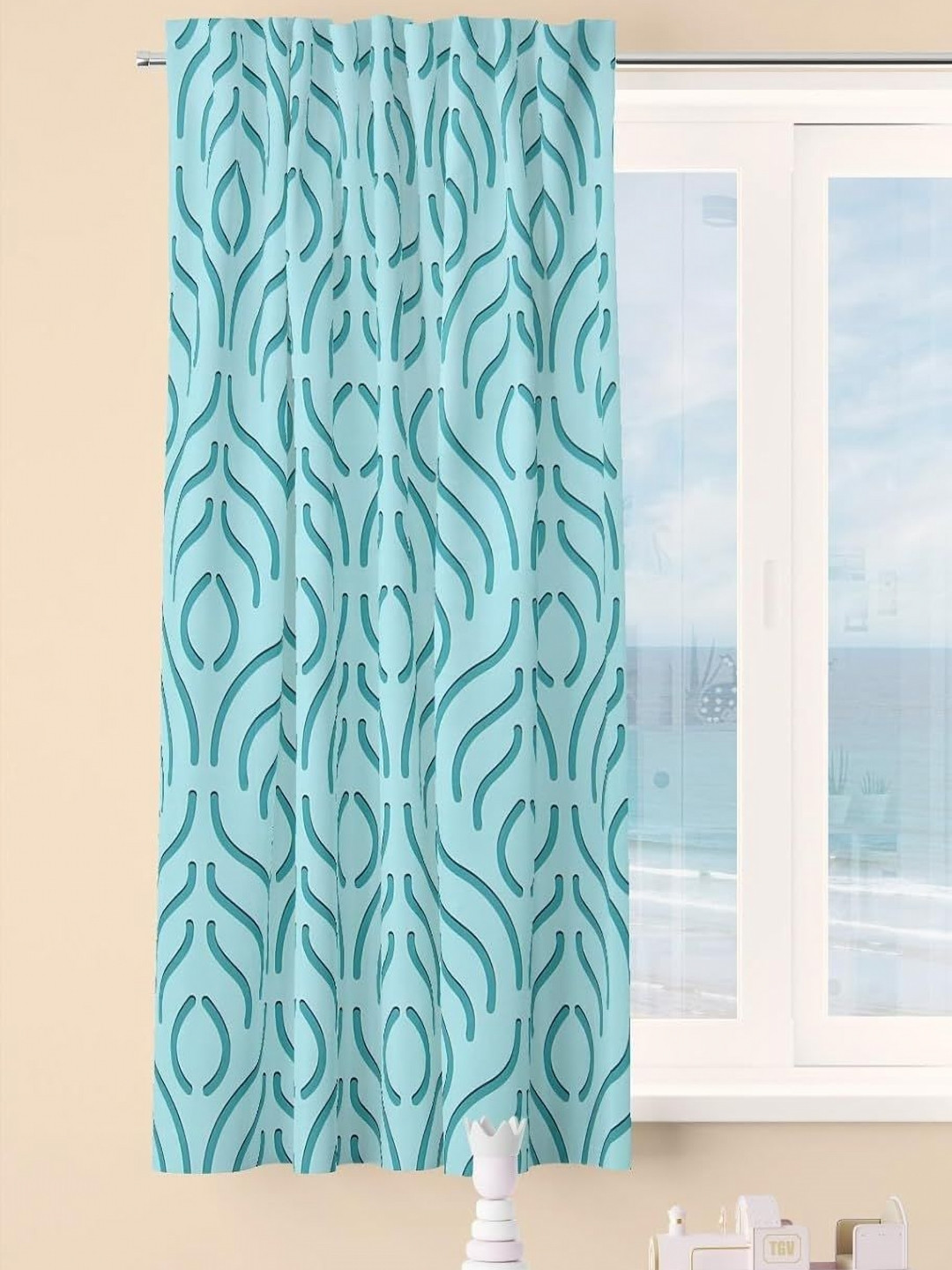 AAZEEM Softscape Series Blue Geometric Printed Velvet Window Curtain