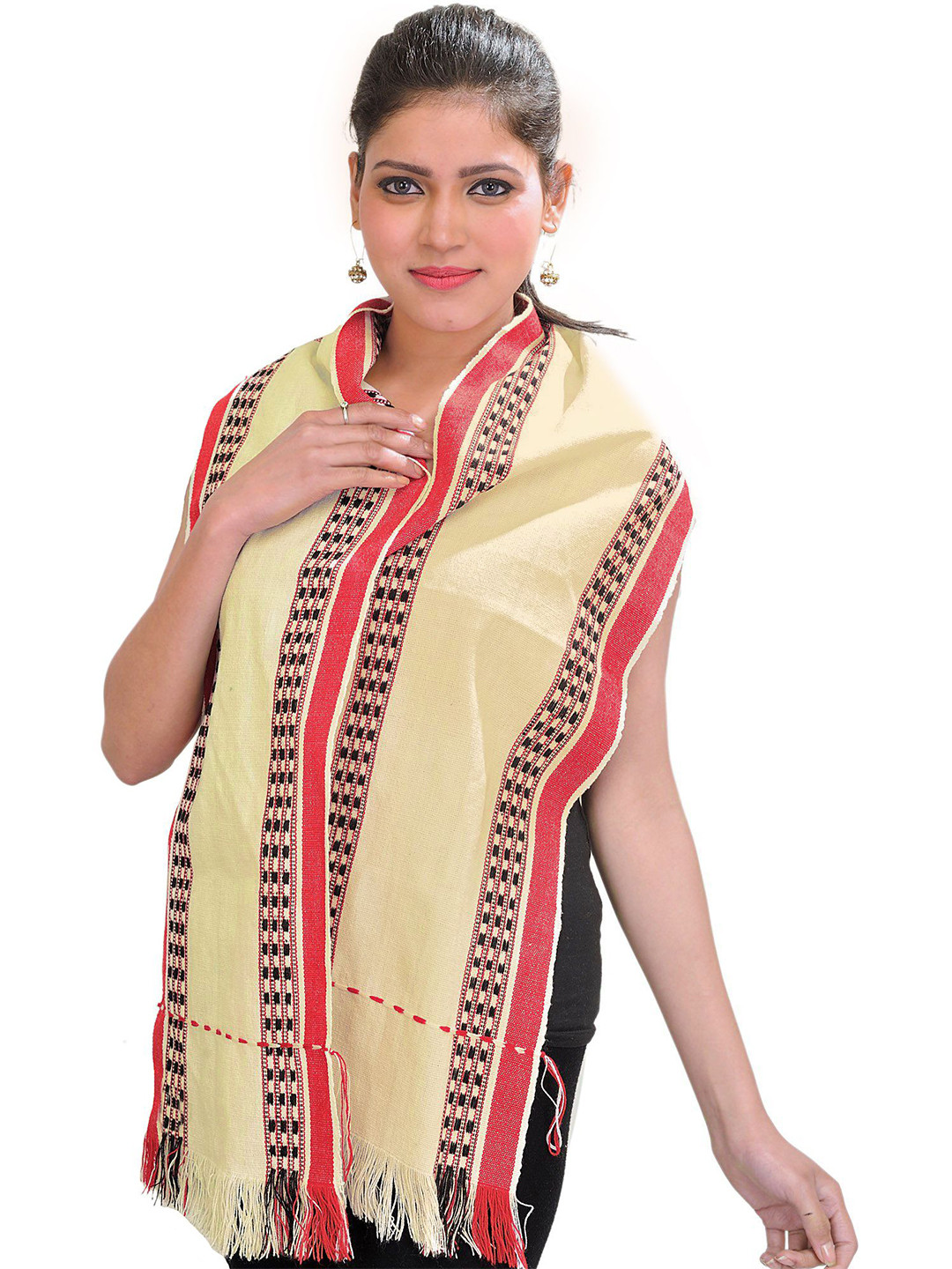 Exotic India Women Leirum Scarf from Manipur with Thread Weave on Border