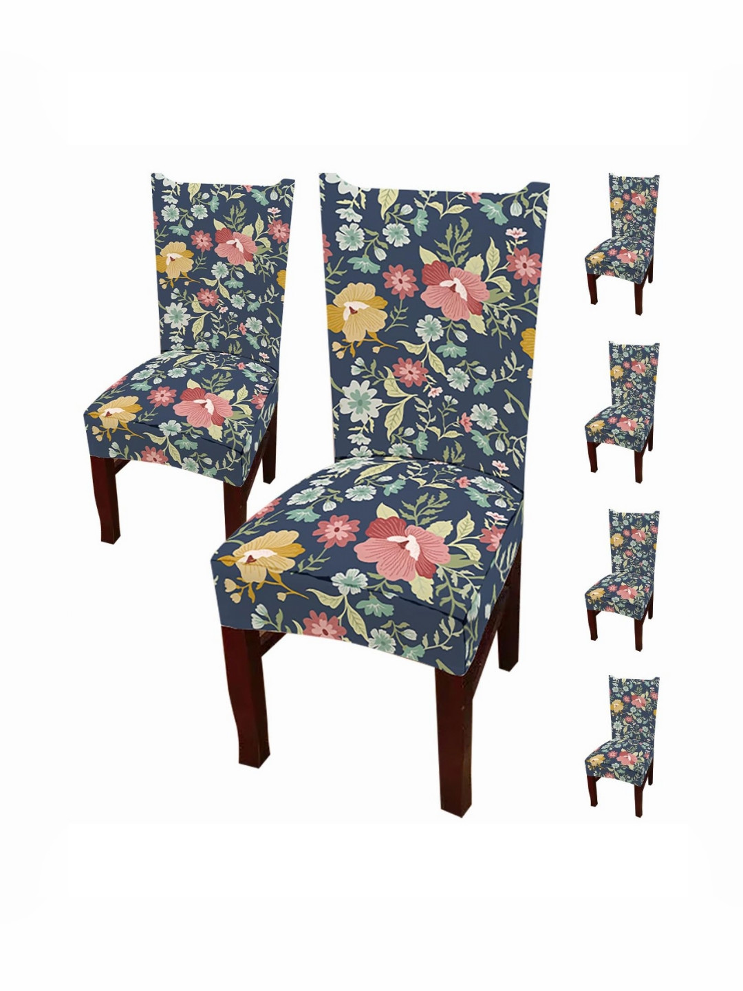 HOUSE OF QUIRK 6-Pcs Blue & Pink Printed Stretch Removable Chair Covers
