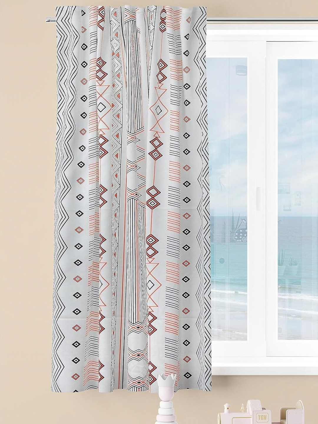 AAZEEM Softscape Series White Geometric Printed Velvet Window Curtain