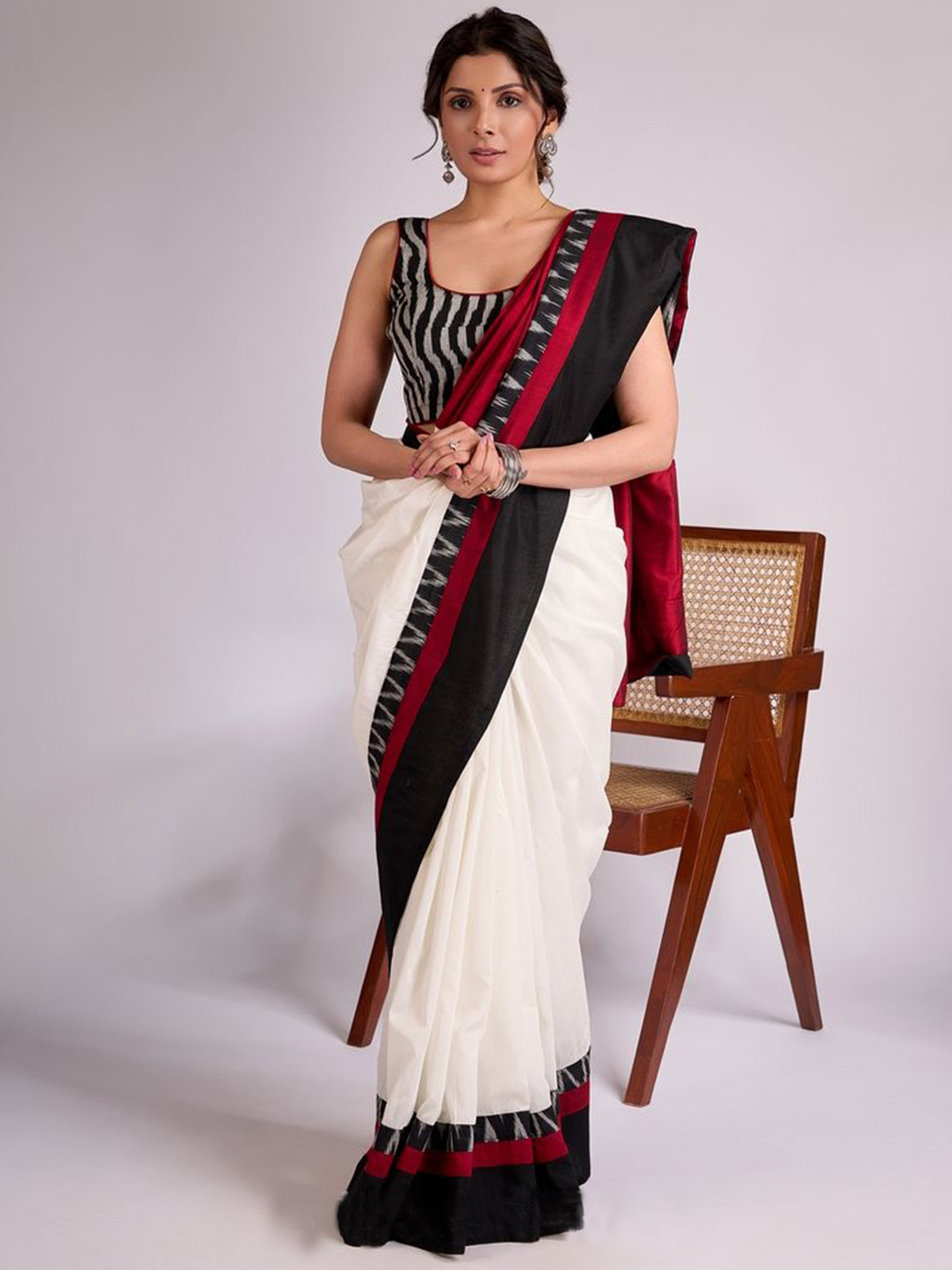 SUJATRA White Chanderi Saree with Ikat Border & Cotton Silk Pallu