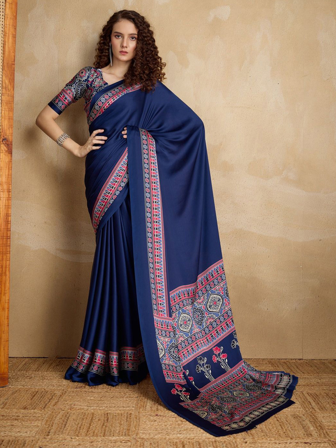 Stylum Ajrakh Printed Saree With Unstitched Blouser Piece