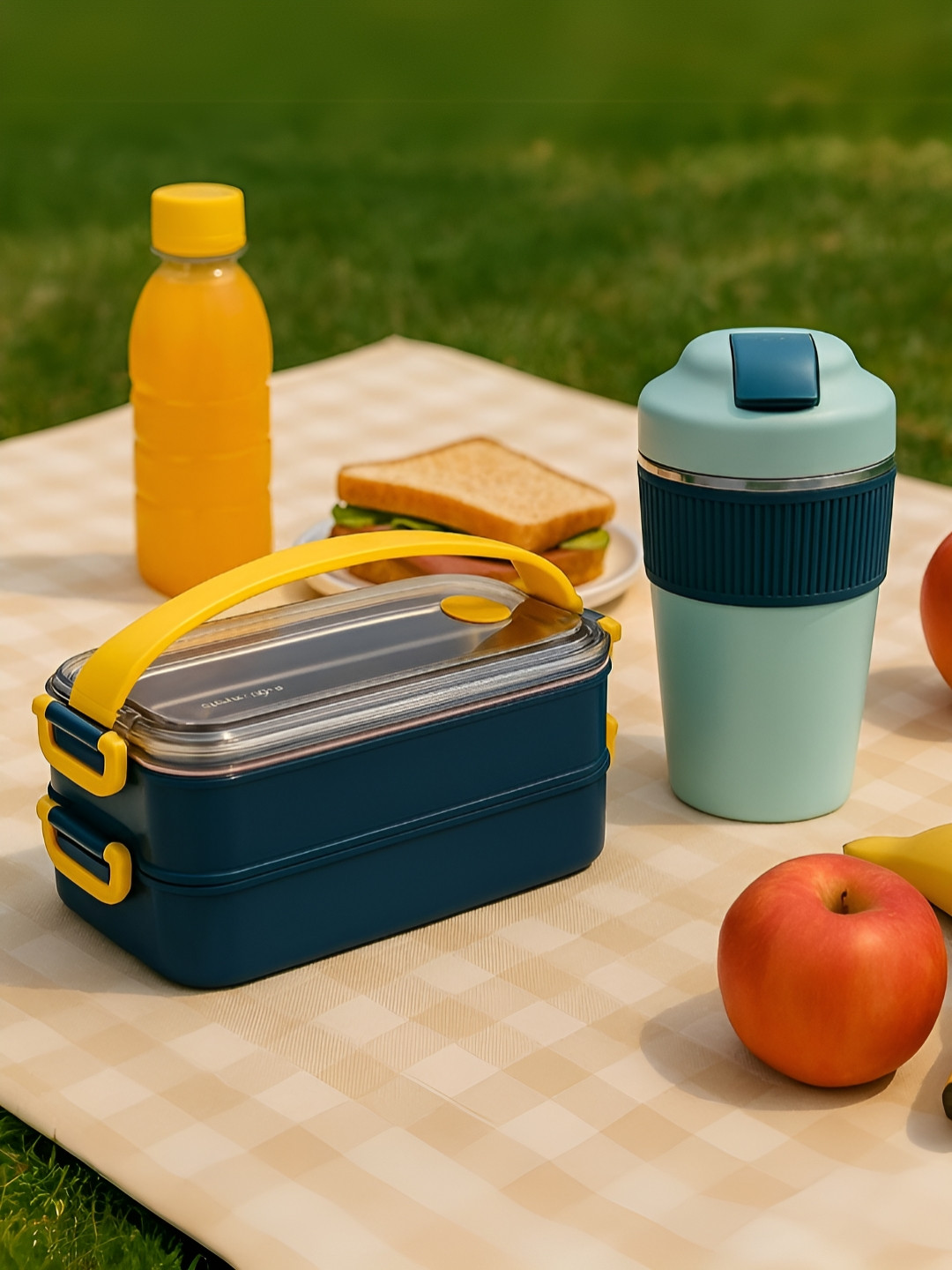 Myntra Elegant Homes Navy Blue Stainless Steel Bento Lunch Box With Tumbler