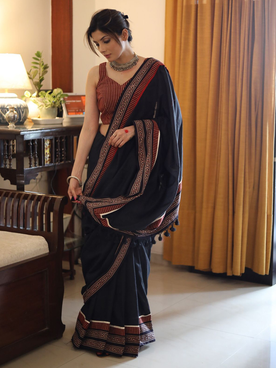 SUJATRA Black Cotton saree with exclusive Ajrakh border