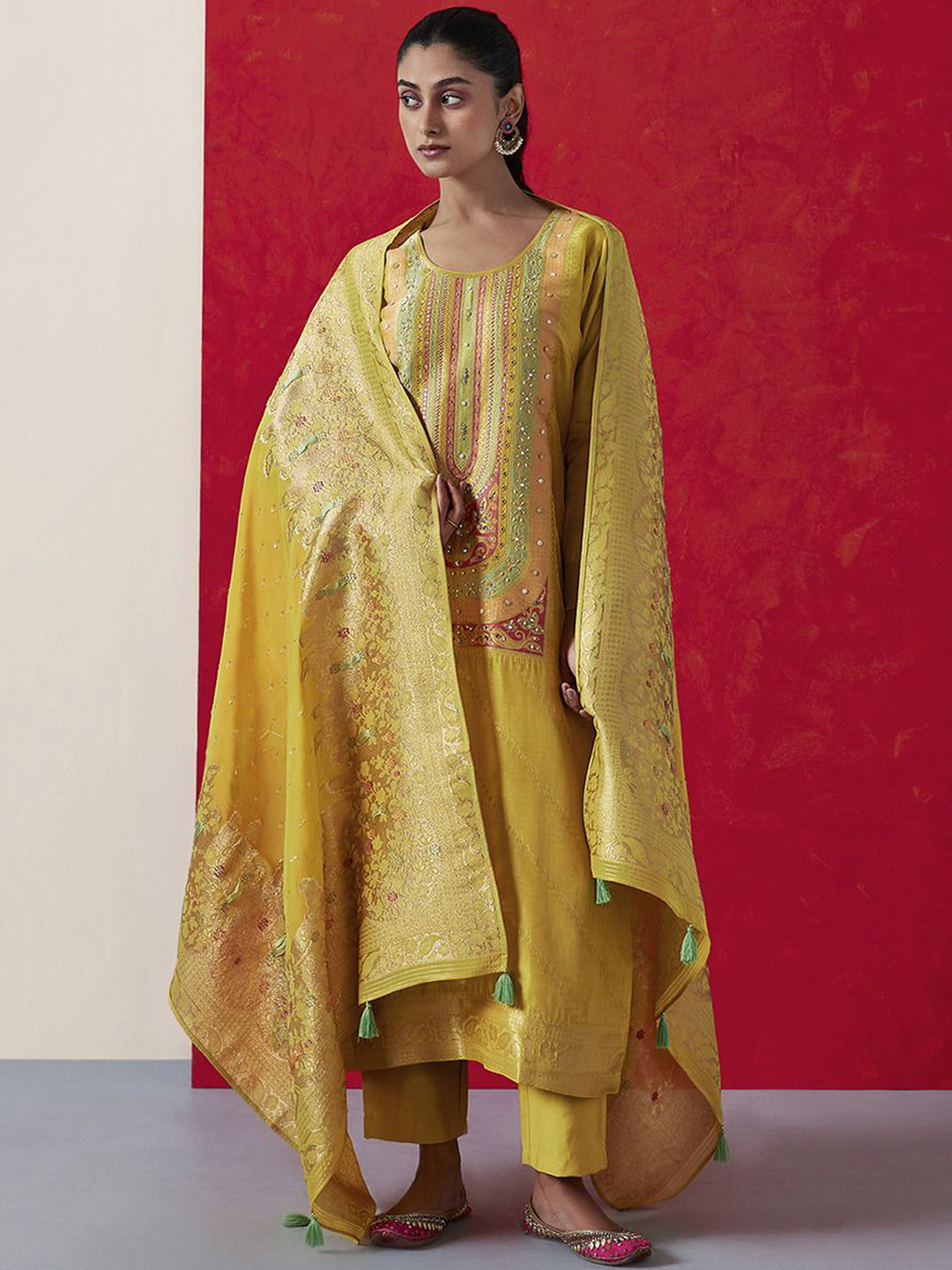 Heritage Floral Woven Design Zari Pure Cotton Straight Kurta & Trousers With Dupatta