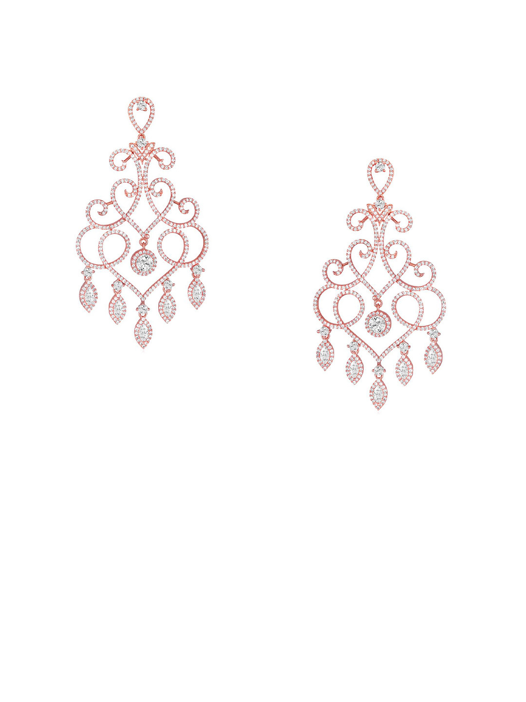 Peora Rose Gold-Plated Cubic Zirconia Studded Chandelier Contemporary Drop Earrings