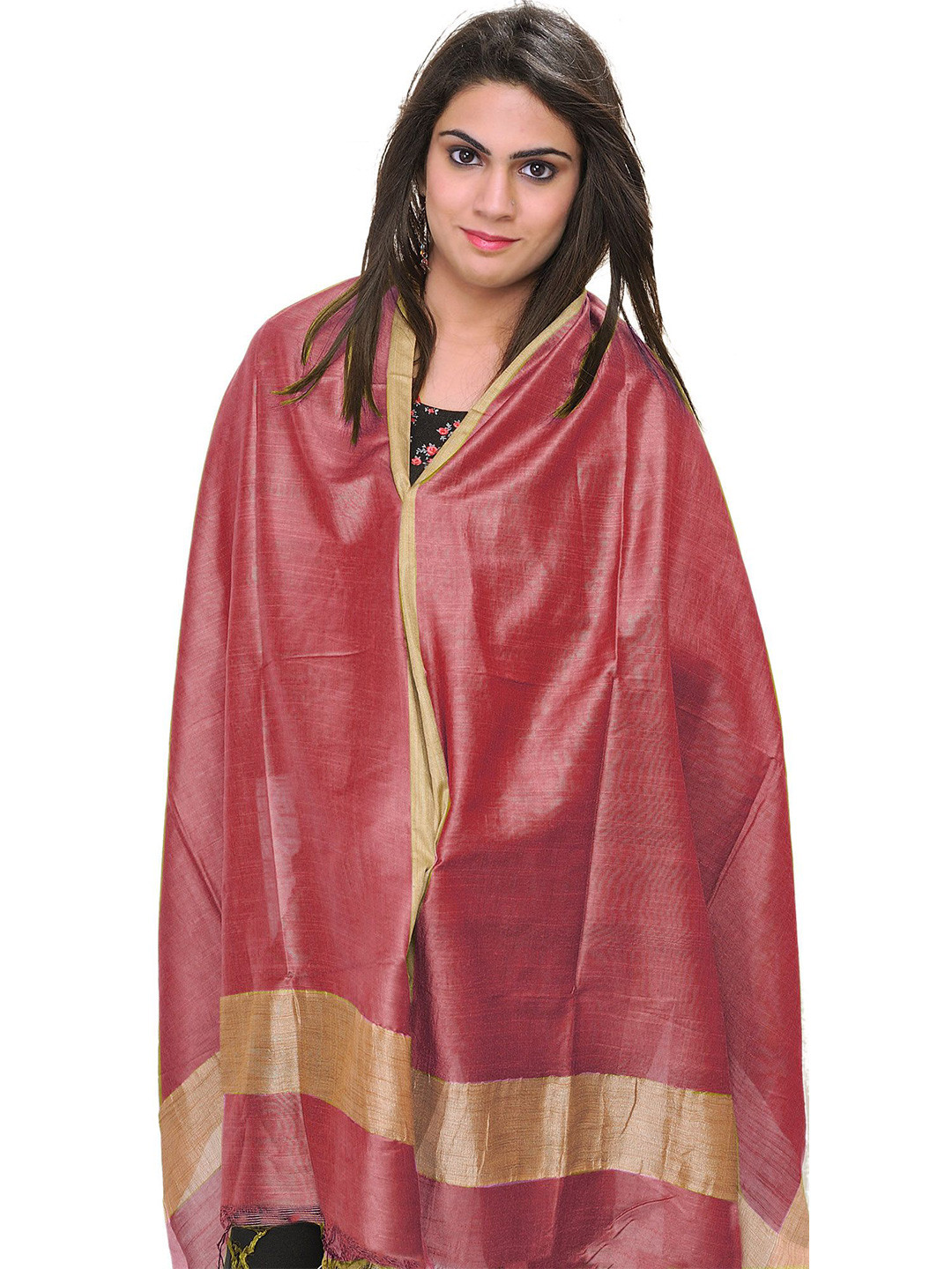 Exotic India Plain Dupatta From Jharkhand With Woven Stripes On Border