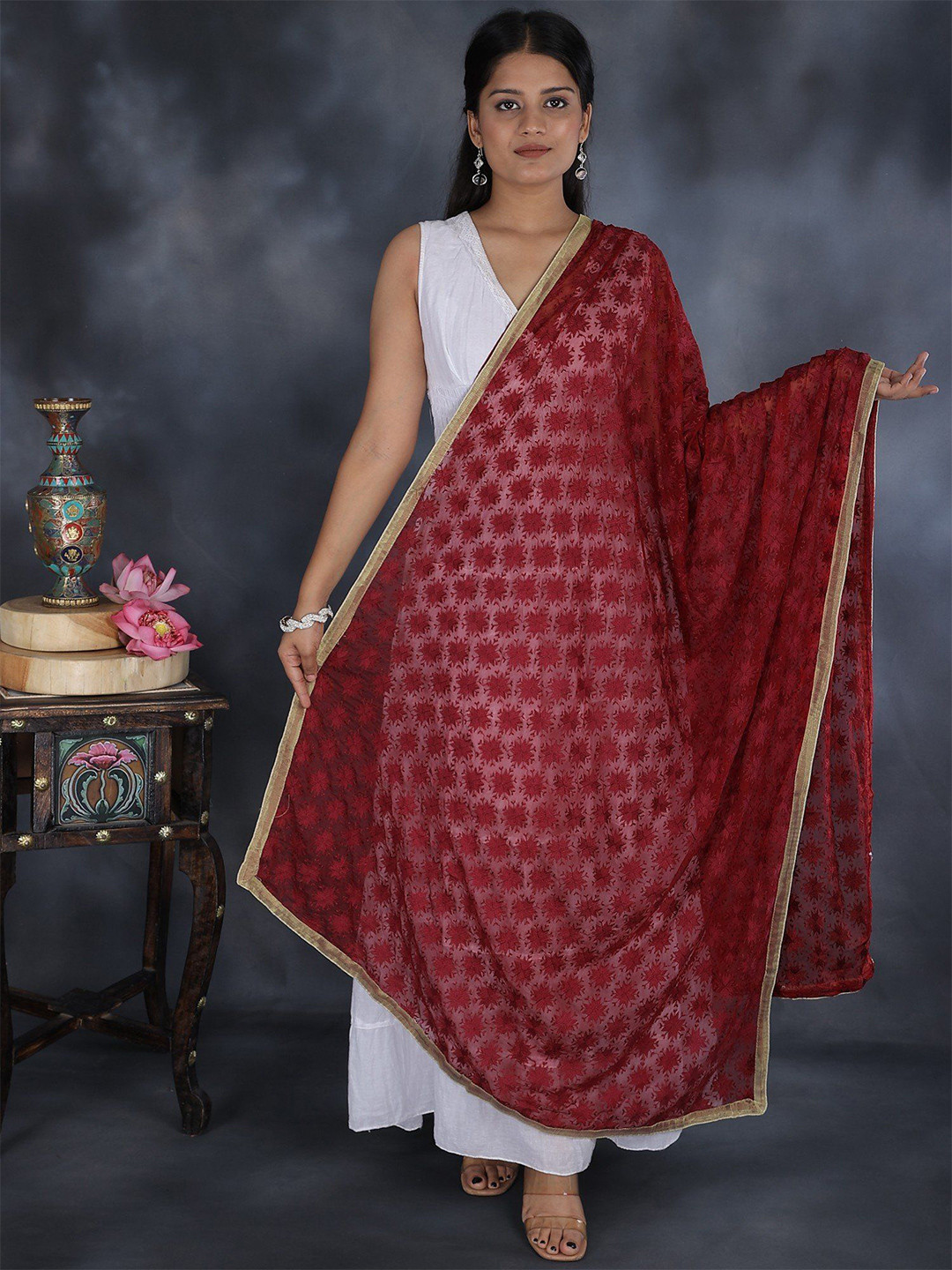 Exotic India Phulkari Dupatta from Punjab with Embroidered Thread Work Bootis