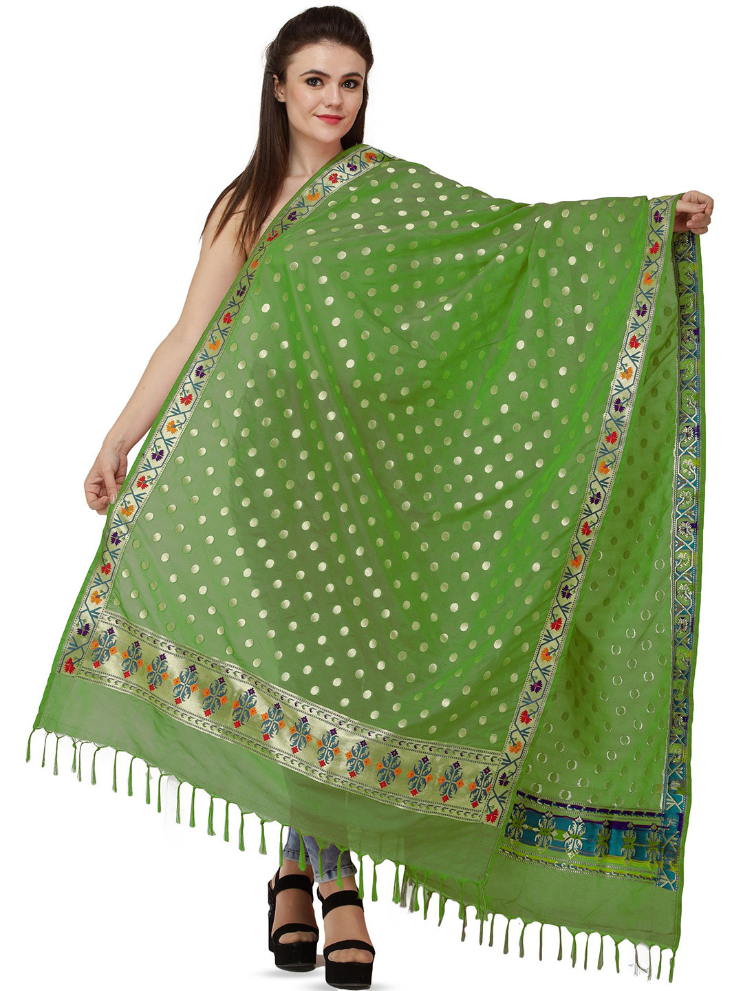 Exotic India Banarasi Brocaded Dupatta With Woven Polka Dots And Meenakari Border