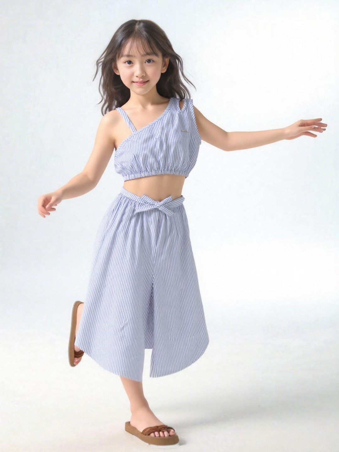 A.T.U.N. Girls Blue Stripe Cotton Leslie Top and Capri Co-ord Set