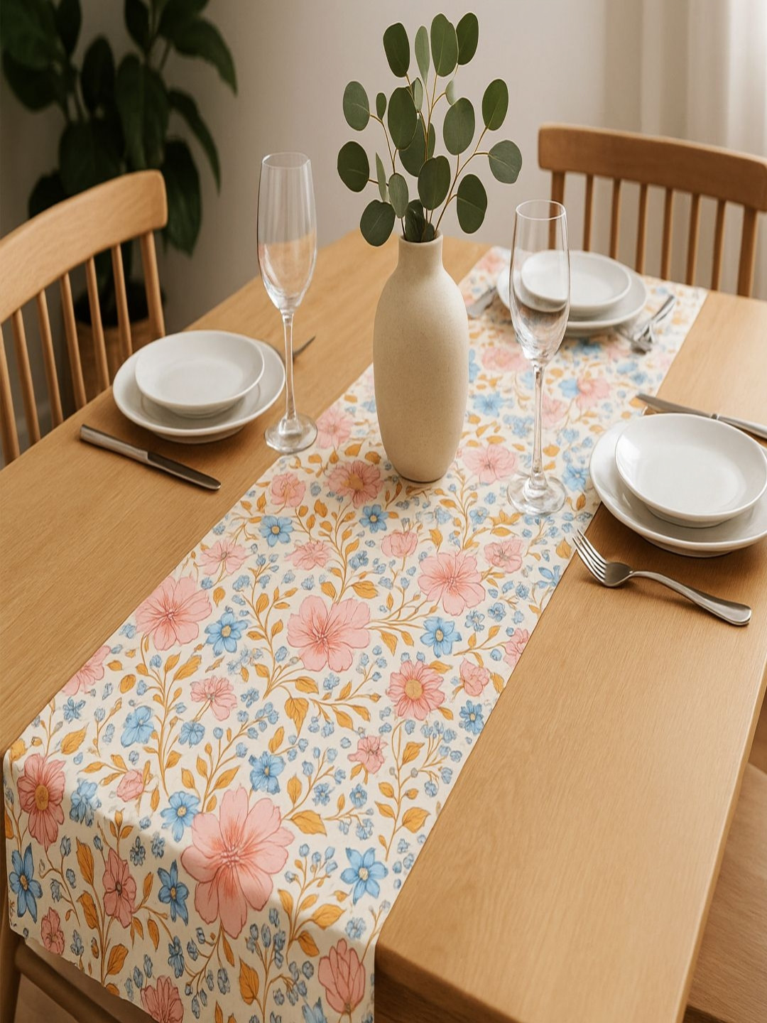 ANA Blue & Pink Floral Printed Pure Cotton Table Runner