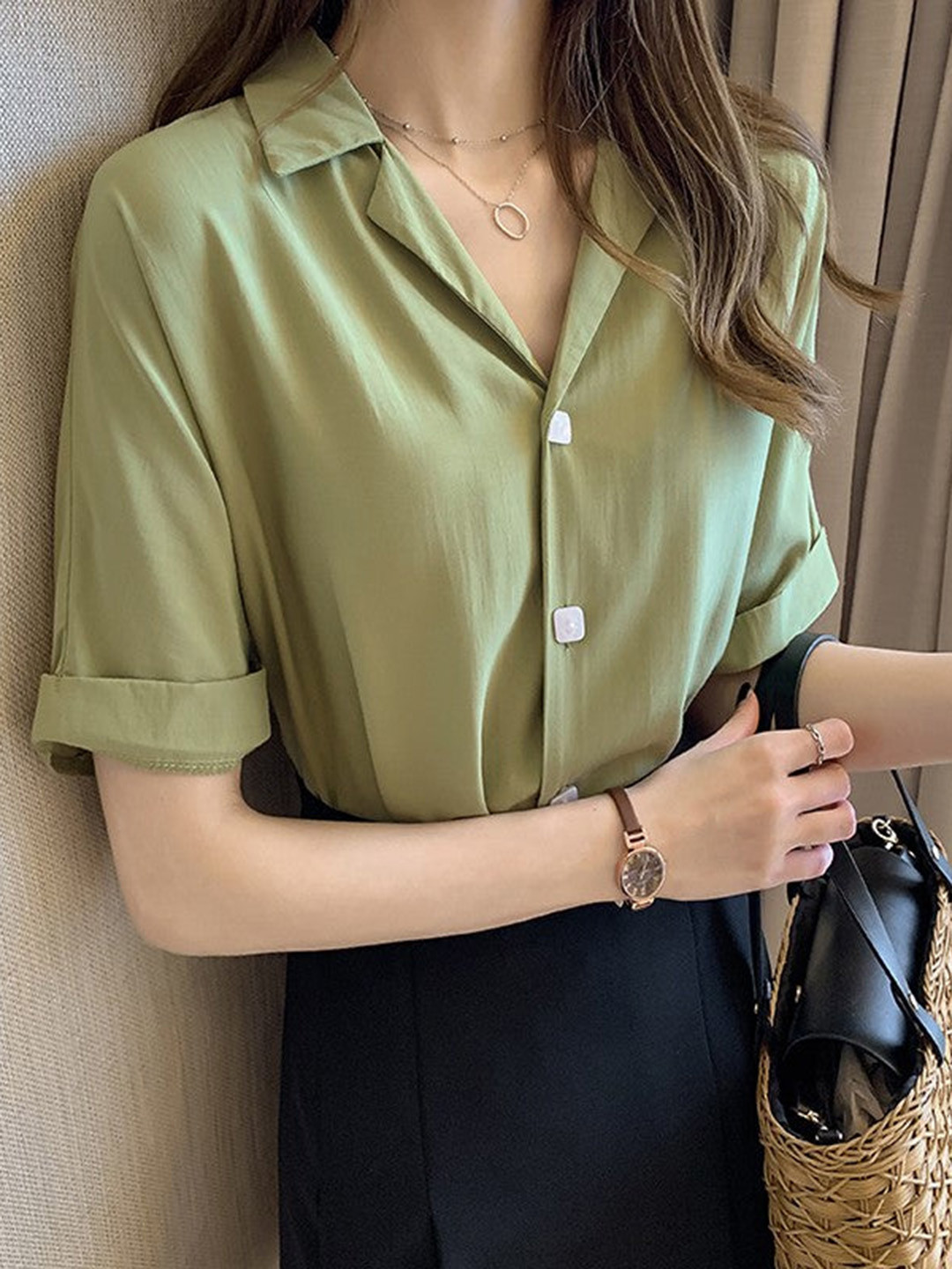 Outzidr Women Green Fold Up Sleeve Solid Shirt