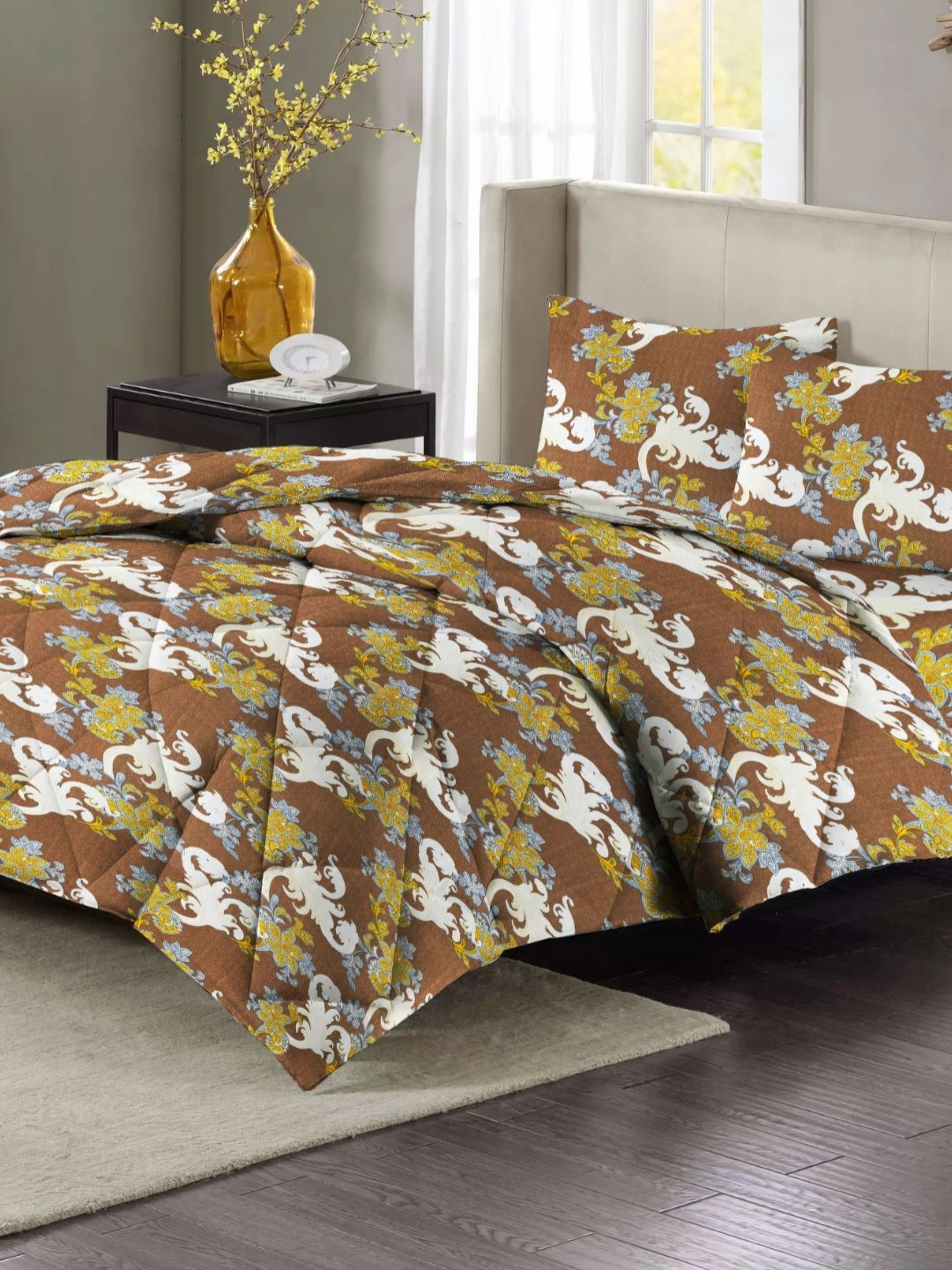 San Marino Unisex Brown & White Floral Double Queen Superfine Cotton Bedding Set