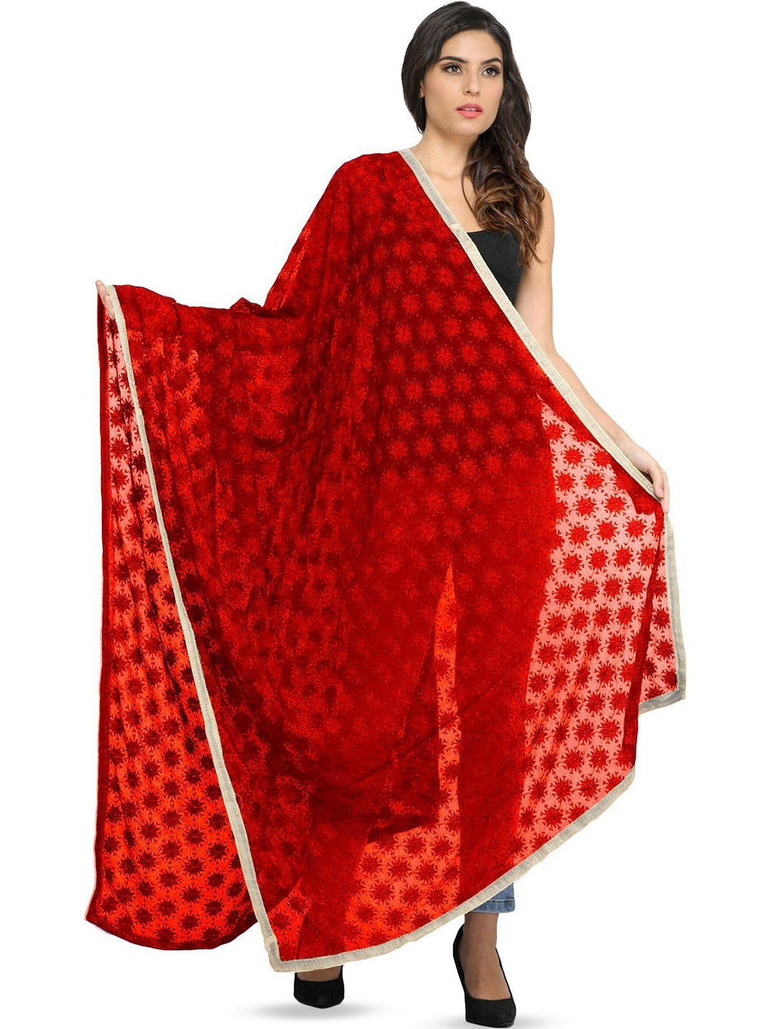 Exotic India Phulkari Chiffon Extra Wide Dupatta From Punjab With Embroidered Bootis