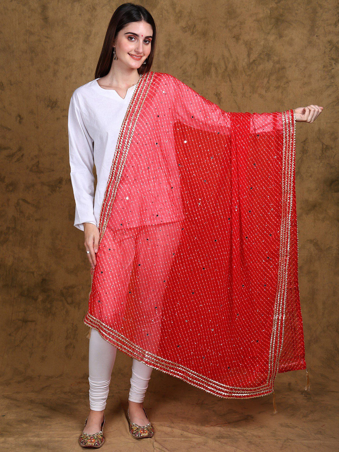 Exotic India Georgette Diagonal Pattern Dupatta With Bead Mirror Work & Lace Border