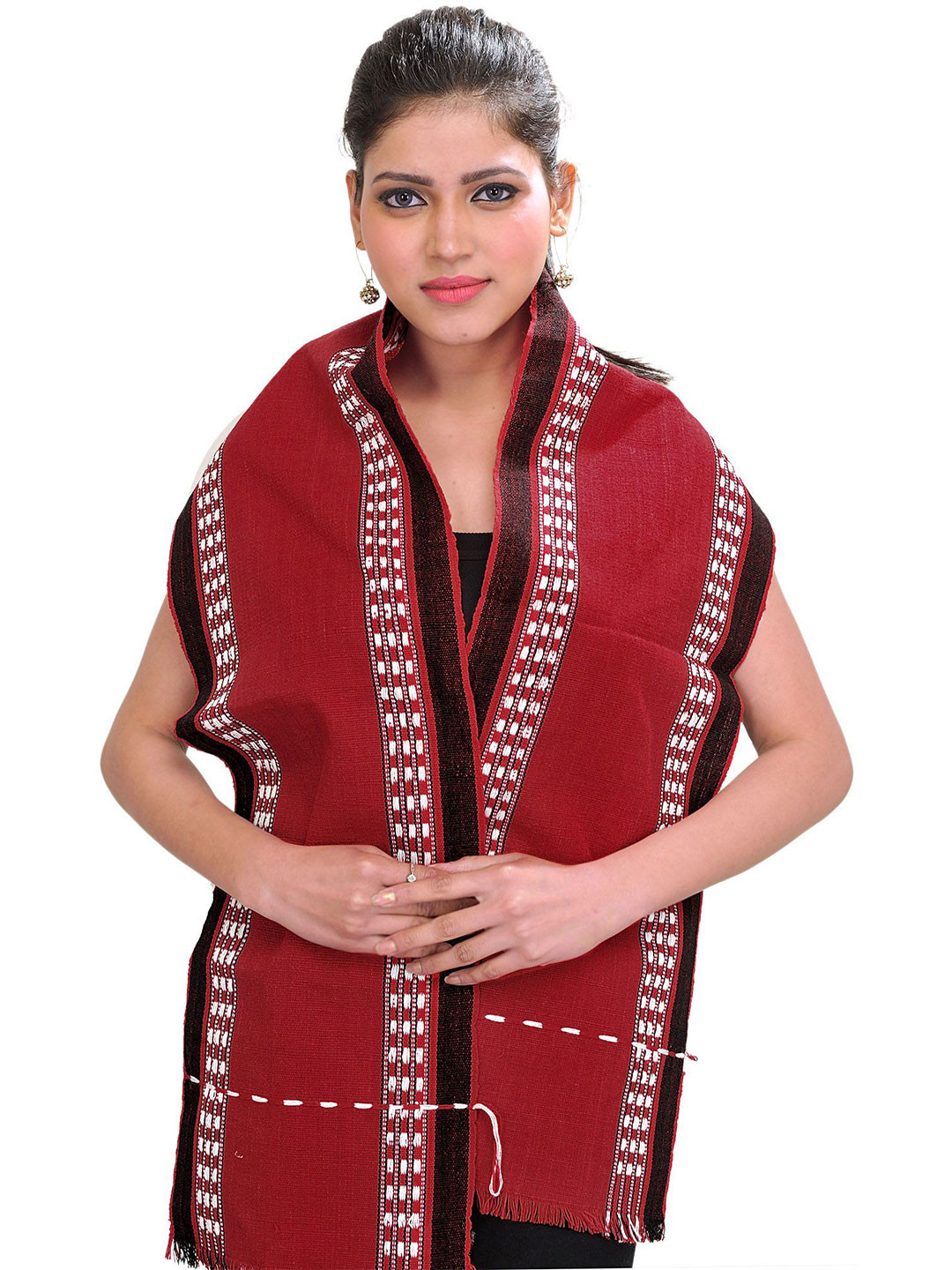 Exotic India Women Striped Leirum Scarf from Manipur with Thread Weave on Border