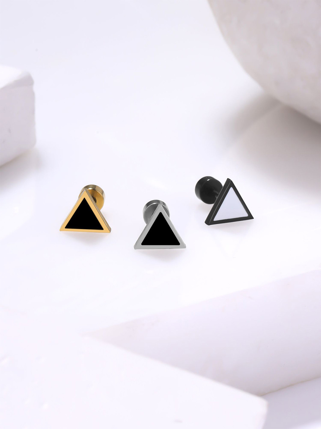 Yellow Chimes Men Pack Of 3 Triangular Shaped Studs Earrings