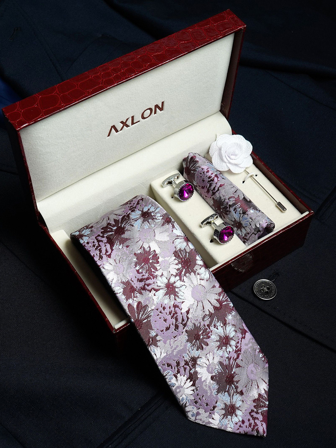 Axlon Men Floral Printed Tie & Cufflinks with Pocket Square Accessory Gift Set