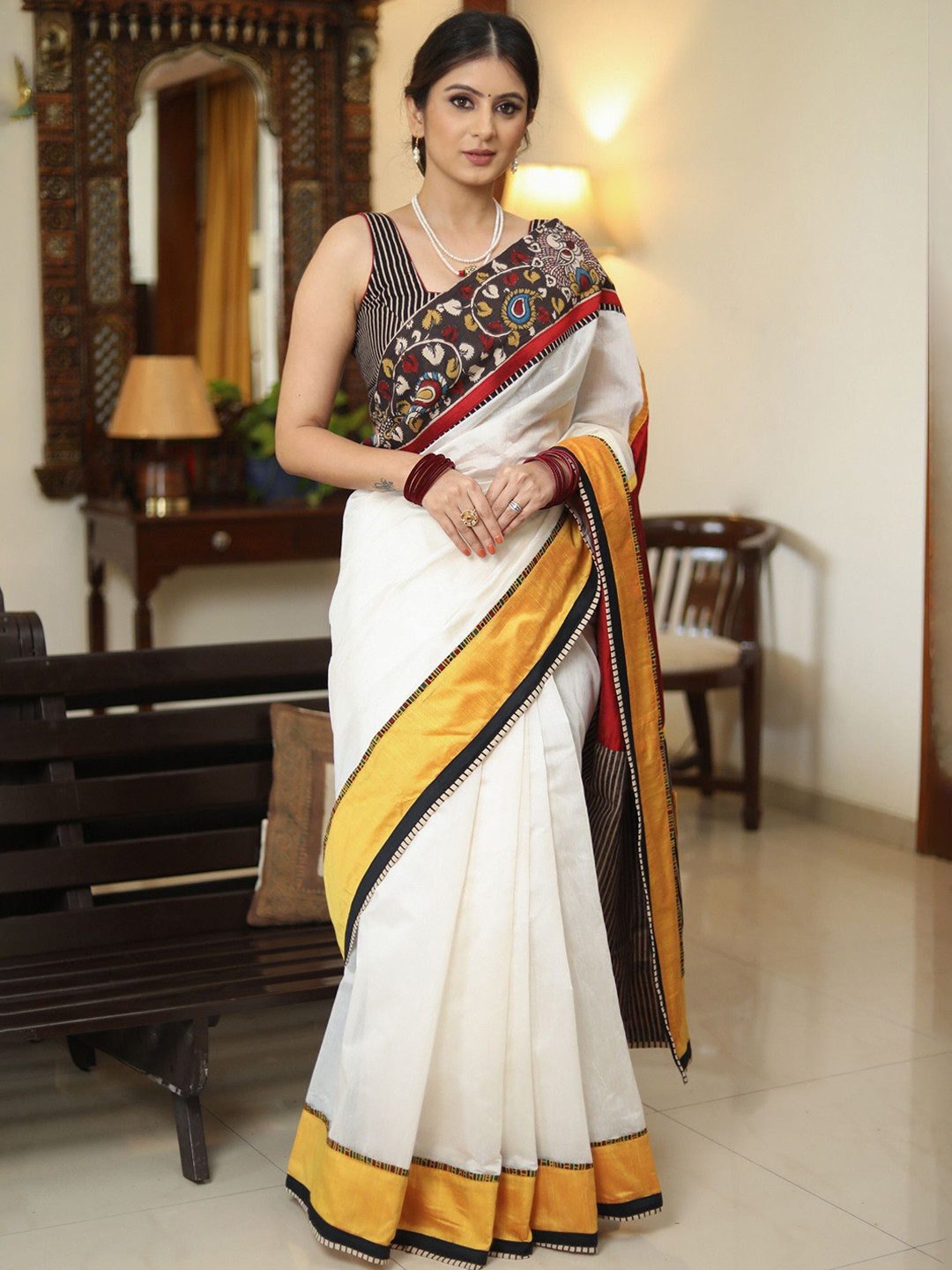 SUJATRA Chanderi Saree With Exclusive Kalamkari Hand Painted Border Pallu With Mirror Work