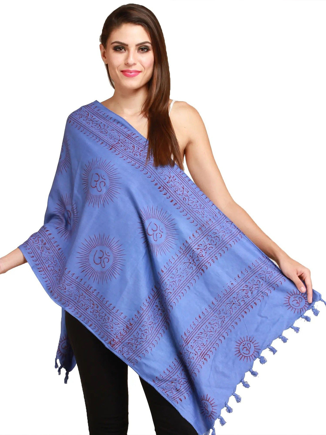 Exotic India Women Sanatana Dharma Om Printed Tasselled Detail Prayer Scarf