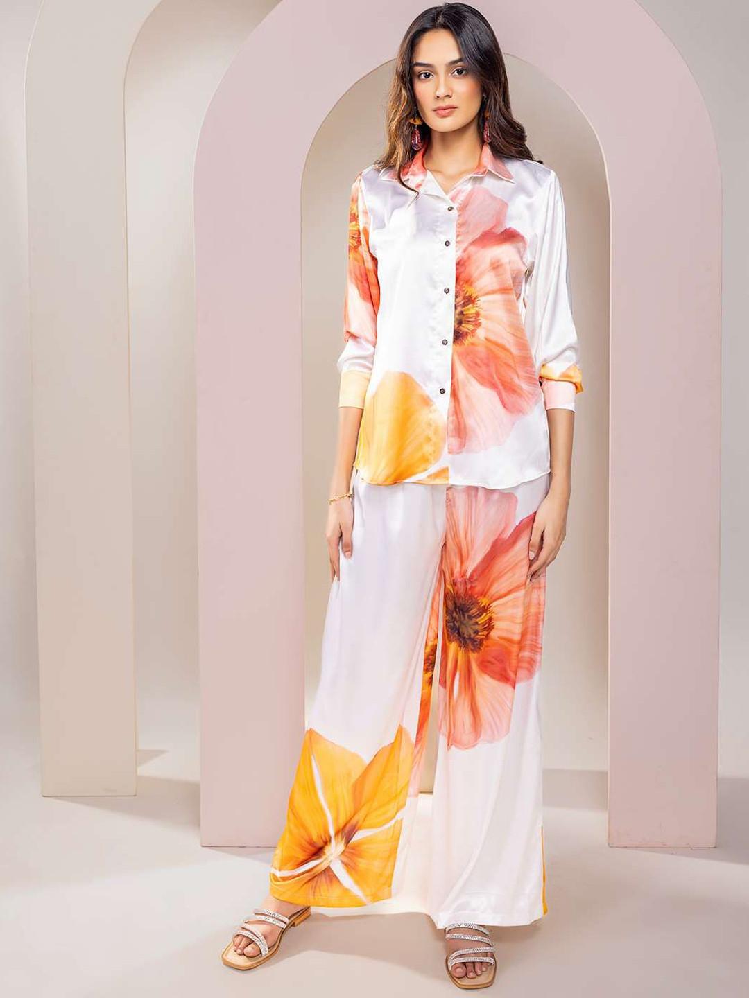 POPPI Sunbloom Printed Shirt Collar Neck Shirt With Palazzo Co-Ords