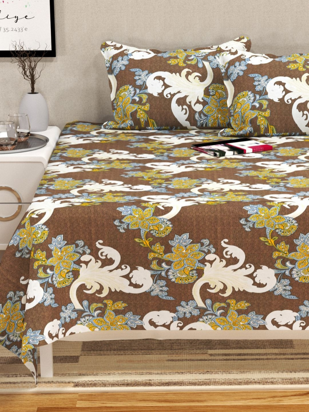 San Marino Coffee Brown Printed Cotton 350 TC Queen Bedsheet Set-2.54 m x 2.28 m
