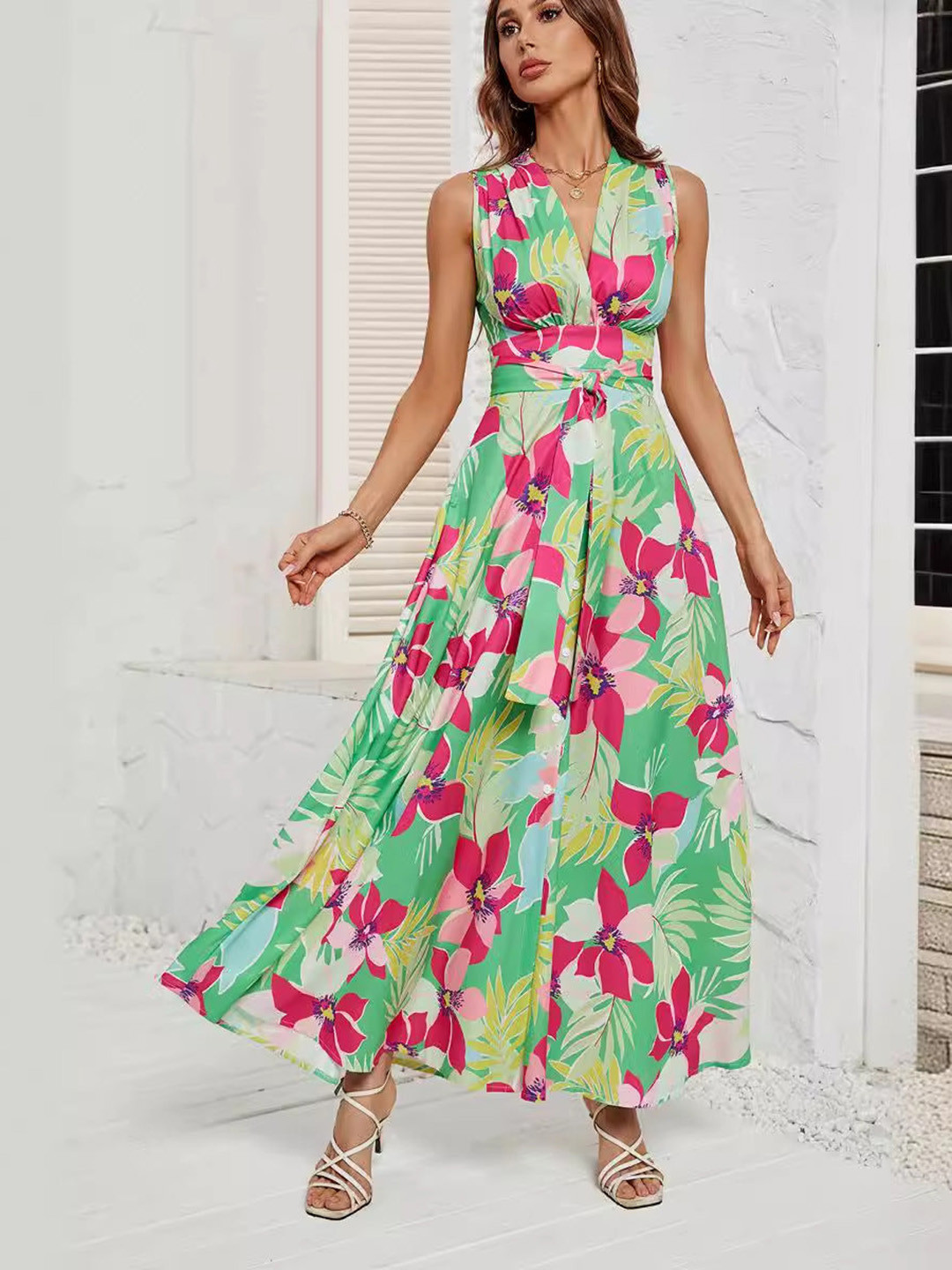 Outzidr Multi Printed Belt Tie Up Dress