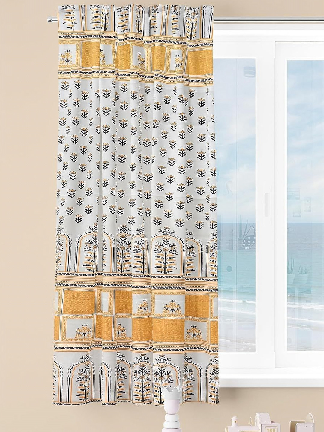 AAZEEM Softscape Series Yellow 2 Pieces Floral Printed Velvet Window Curtain