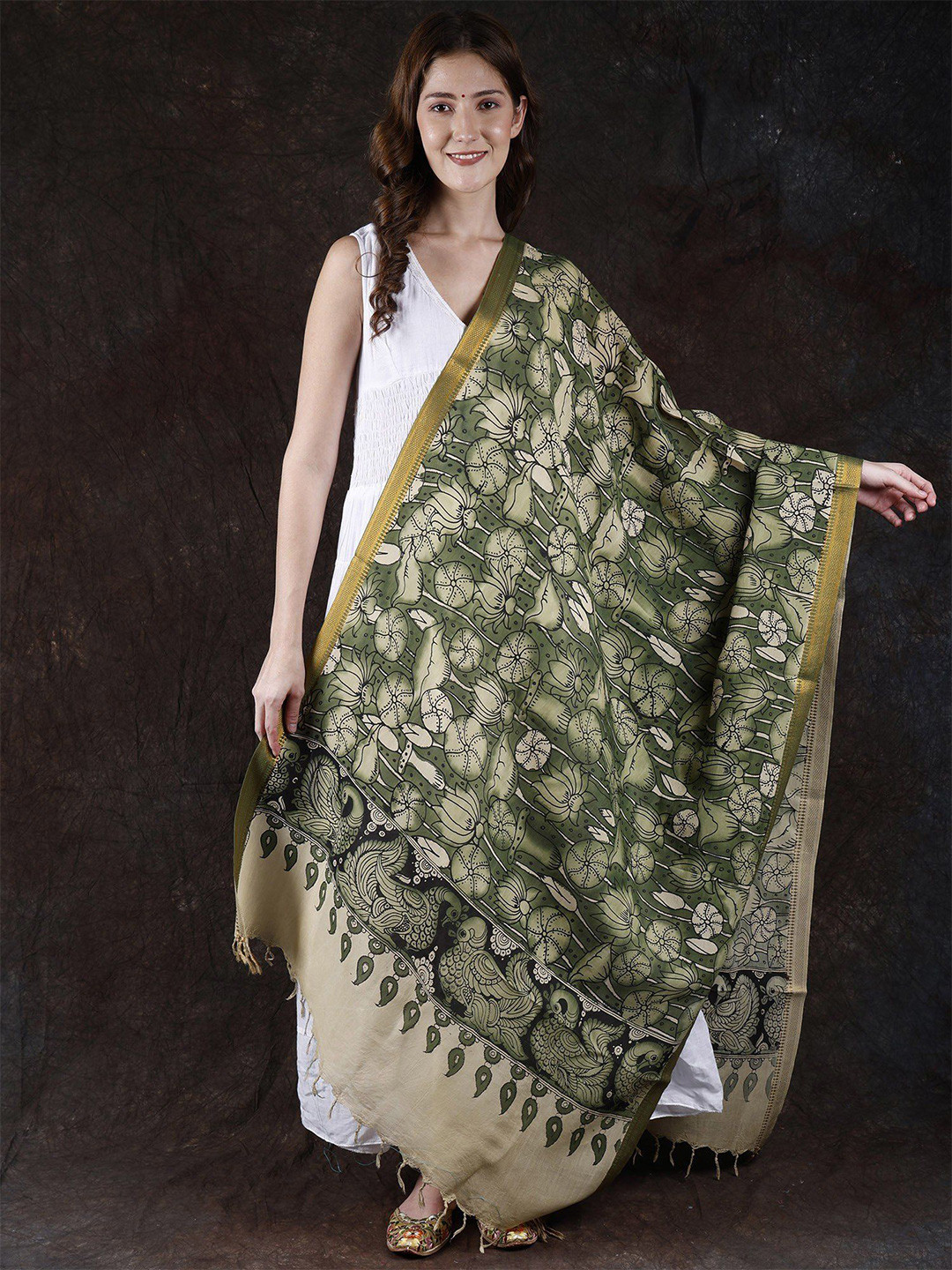 Exotic India Printed Pure Cotton Kalamkari Dupatta